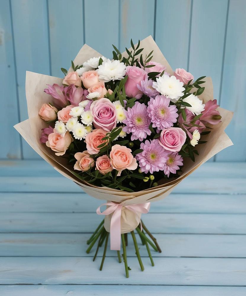 Букет цветов из: Хризантемы, Розы и Альстромерии в Елани