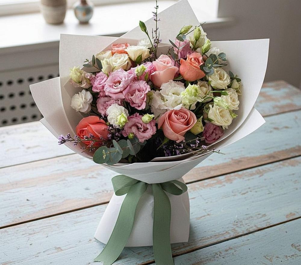 Букет цветов из: Розы, Лизиантусы и Гвоздики в Елани