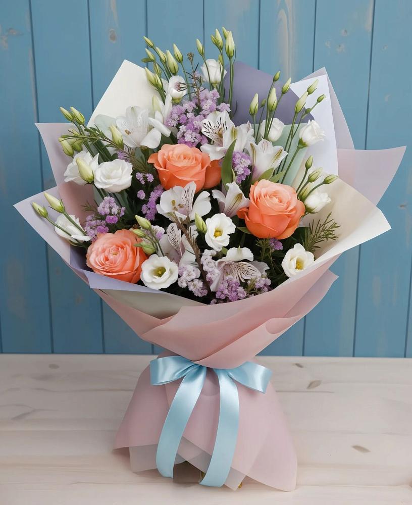 Букет цветов из: Лизиантусы, Розы, Альстромерии и Гипсофила в Елани